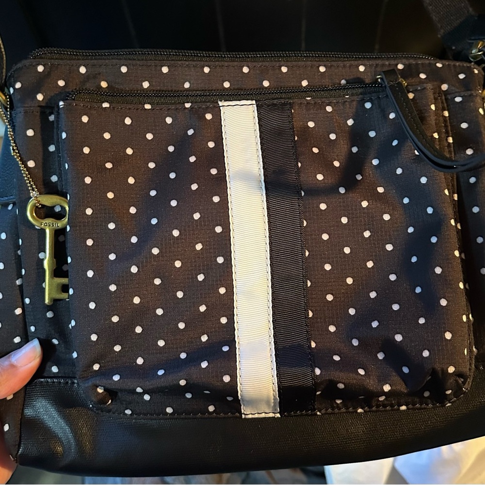 Fossil Black and White Crossbody Bag with Polka Dot Design